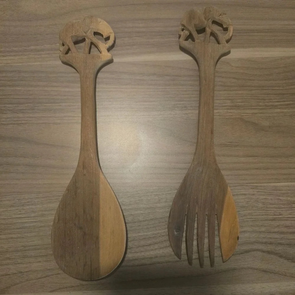 Vintage African Hand Carved Wood Elephant Salad Serving Set 12